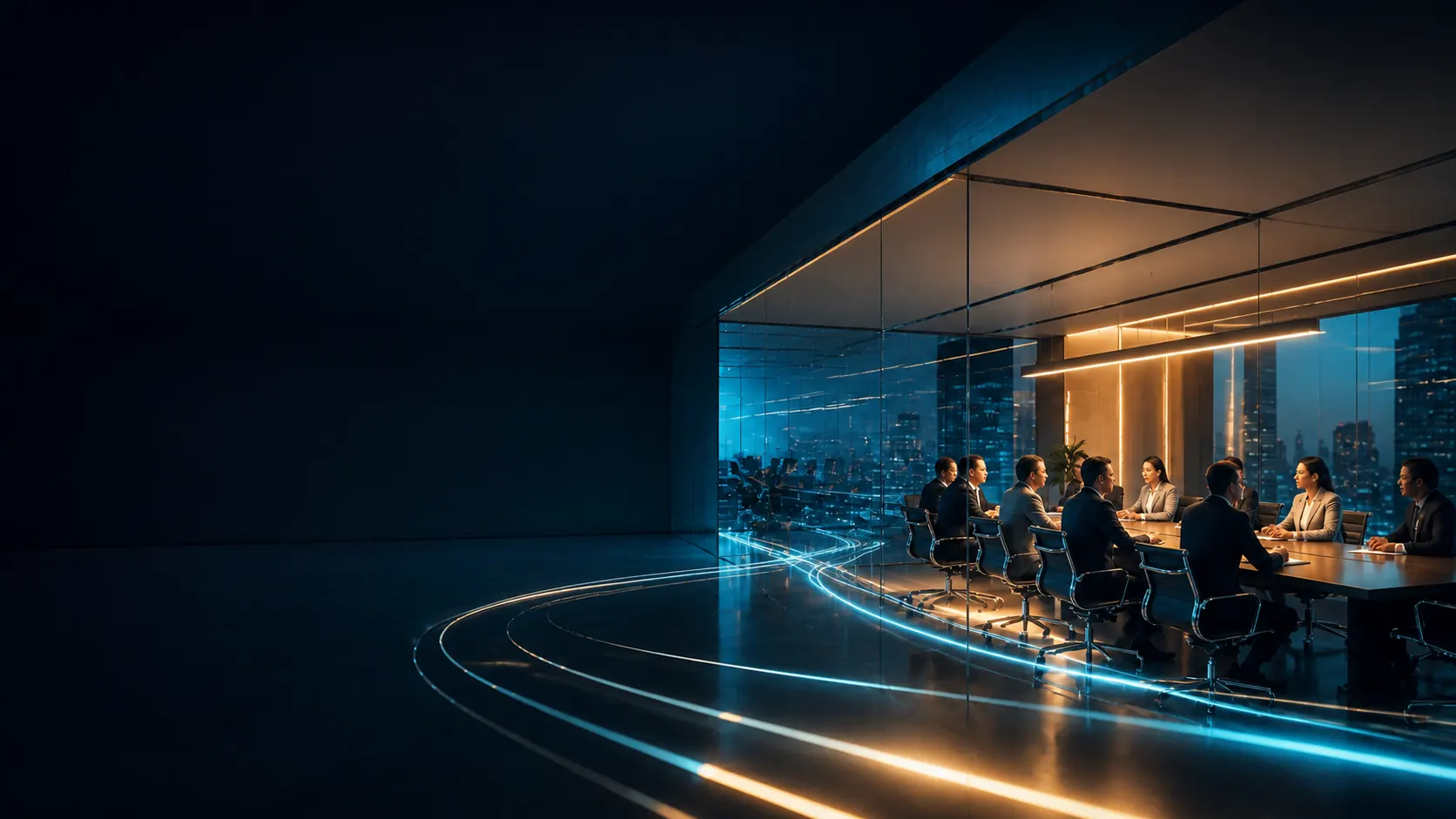 Equipo de trabajo reunido en una sala con trazos de luz que representan procesos digitalizados
