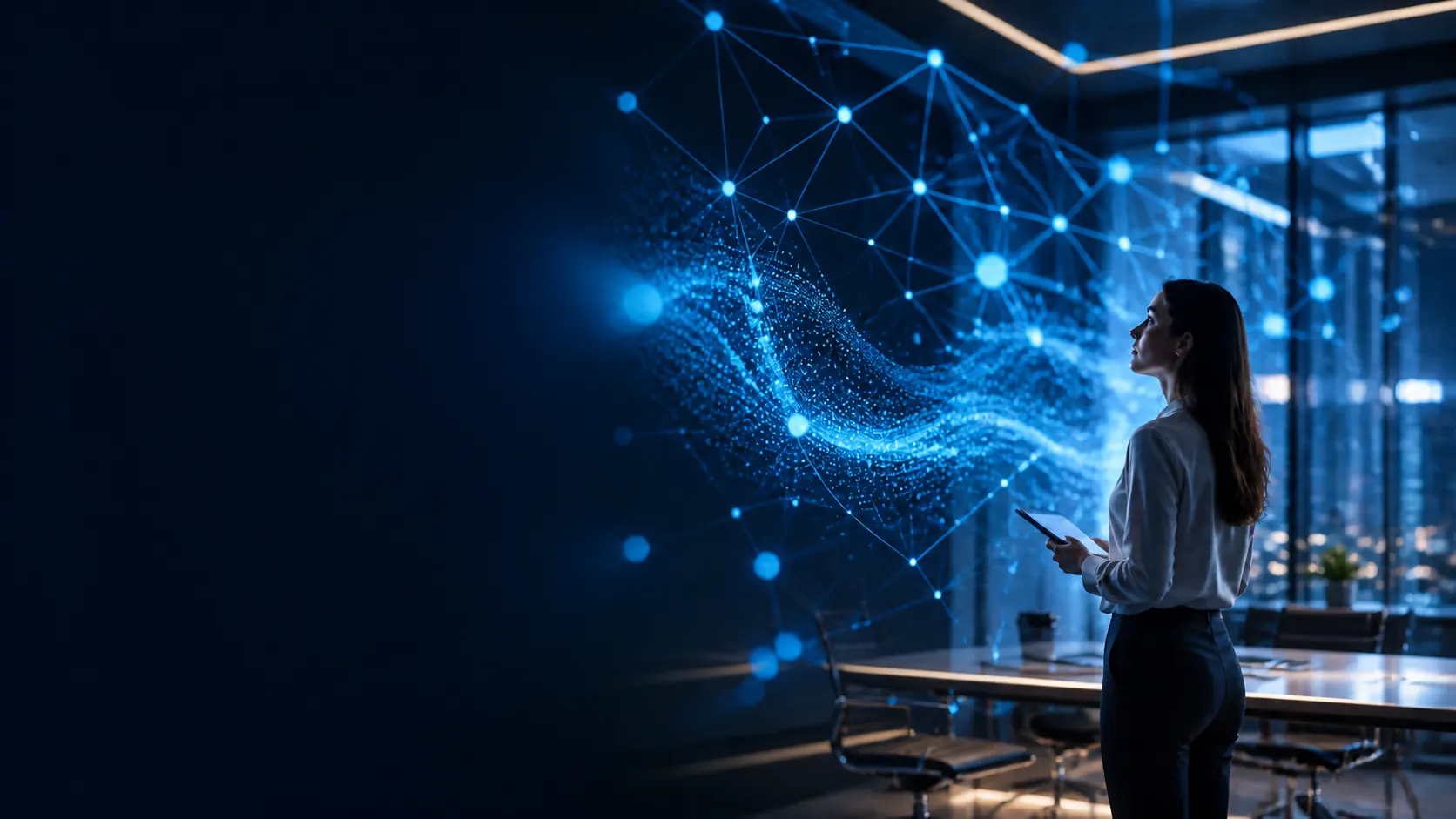 Profesional frente a una visualización de red neuronal que representa la inteligencia artificial aplicada a la empresa