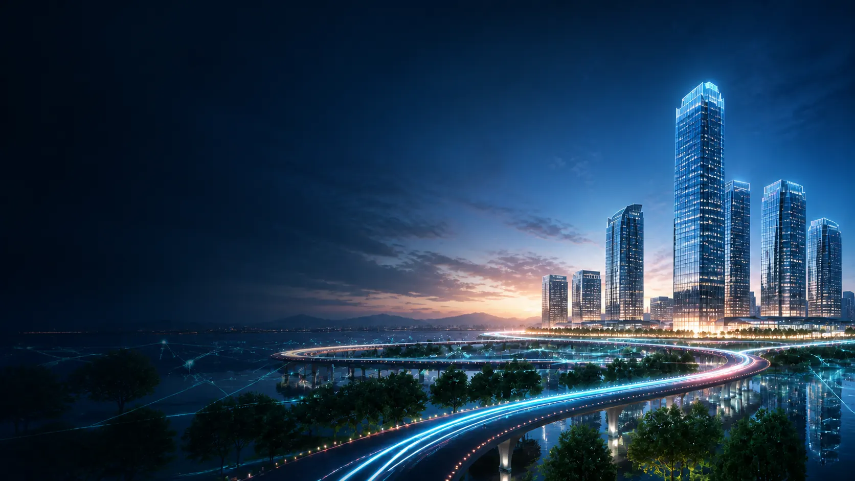 Ciudad iluminada con trazos de luz que representan la evolución digital de una empresa