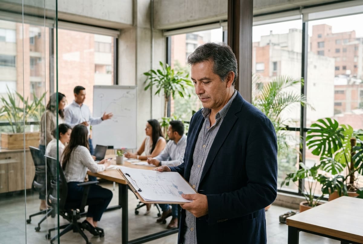 Empresario revisando procesos operativos mientras su equipo de trabajo colabora en una oficina moderna.